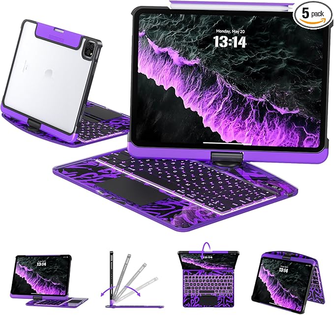 Transparent Case with Keyboard for iPad 11th Gen 11 Inch.(A16, 2025) & 2022 iPad 10th Gen 10.9 Inch,7-Color Backlit,Wireless Keyboard, 360°Rotating,with trackpad,Pencil Holder,with Shortcuts,Purple