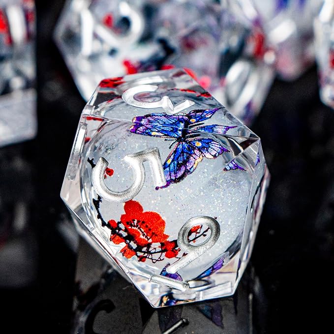 Butterfly DND Dice White Liquid Core Dice Set with Metal Box, Handmade Sharp Edge D and D Polyhedral Dice for use with D&D RPG Role Playing Game