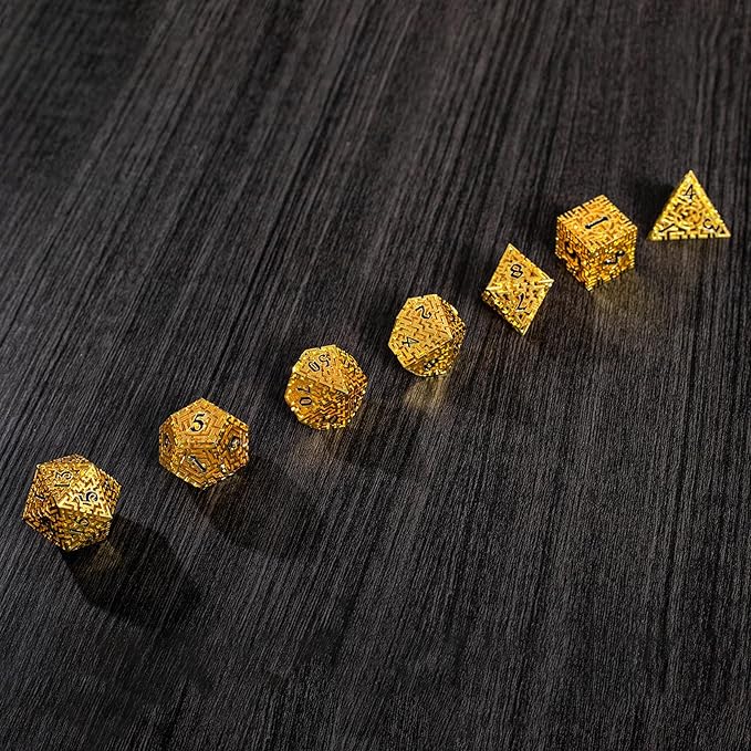 Golden Metal Hollow DND Dice Set (Paladin) Metallic Luster Maze Design with Storage Box - Balanced Weight 7 Piece Zinc Alloy, Designed for Dungeons and Dragons DM Player RPG Accessories