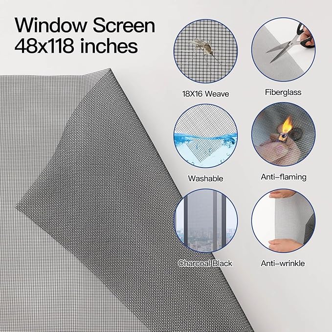 Window Screen Door Repair Kit Include Window Screens Mesh 48"x118" with All Tools in Window Screen Replacement(2pcs Screen Rollers, Screen splines, Hook, Utility Knife and Ruler), Yolovit