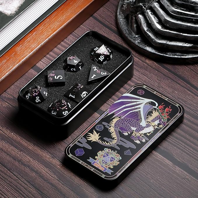 Glitter Purple Metal D&D Dice, DNDND 7 PCS Flower Metallic DND Dice Set with Gorgeous Gift Case for Dungeons and Dragon Tabletop Game (Matte Black with Glitter Purple Flower)