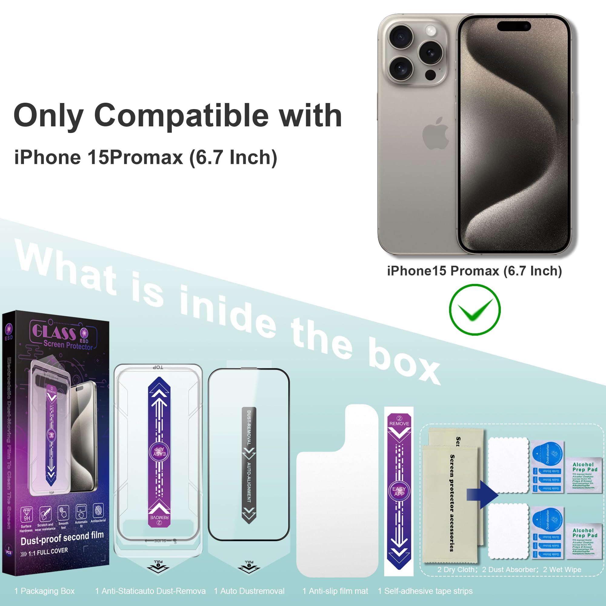 SHANG PIN JIA 2 Pack Screen Protector Tempered Glass for iPhone 15 Pro Max 6.7-Inch Auto Dust Removal, No Bubbles, High Definition Clear, Easy Installation