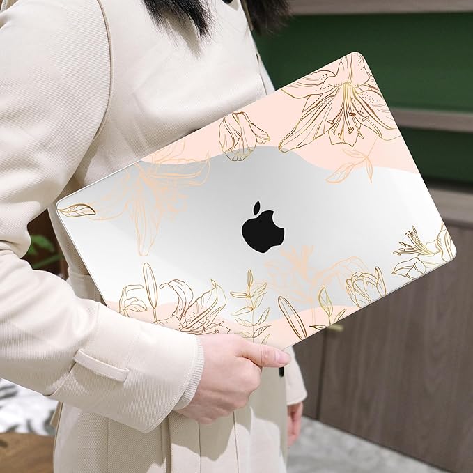 MEEgoodo for M4/M3/M2 MacBook Air 15.3 inch Case 2025 2024 2023, Case Fit Model (A3241/A3114/A2941) for MacBook Air 15 inch, Laptop Hard Shell with Keyboard Cover, Gold Flowers Lilies