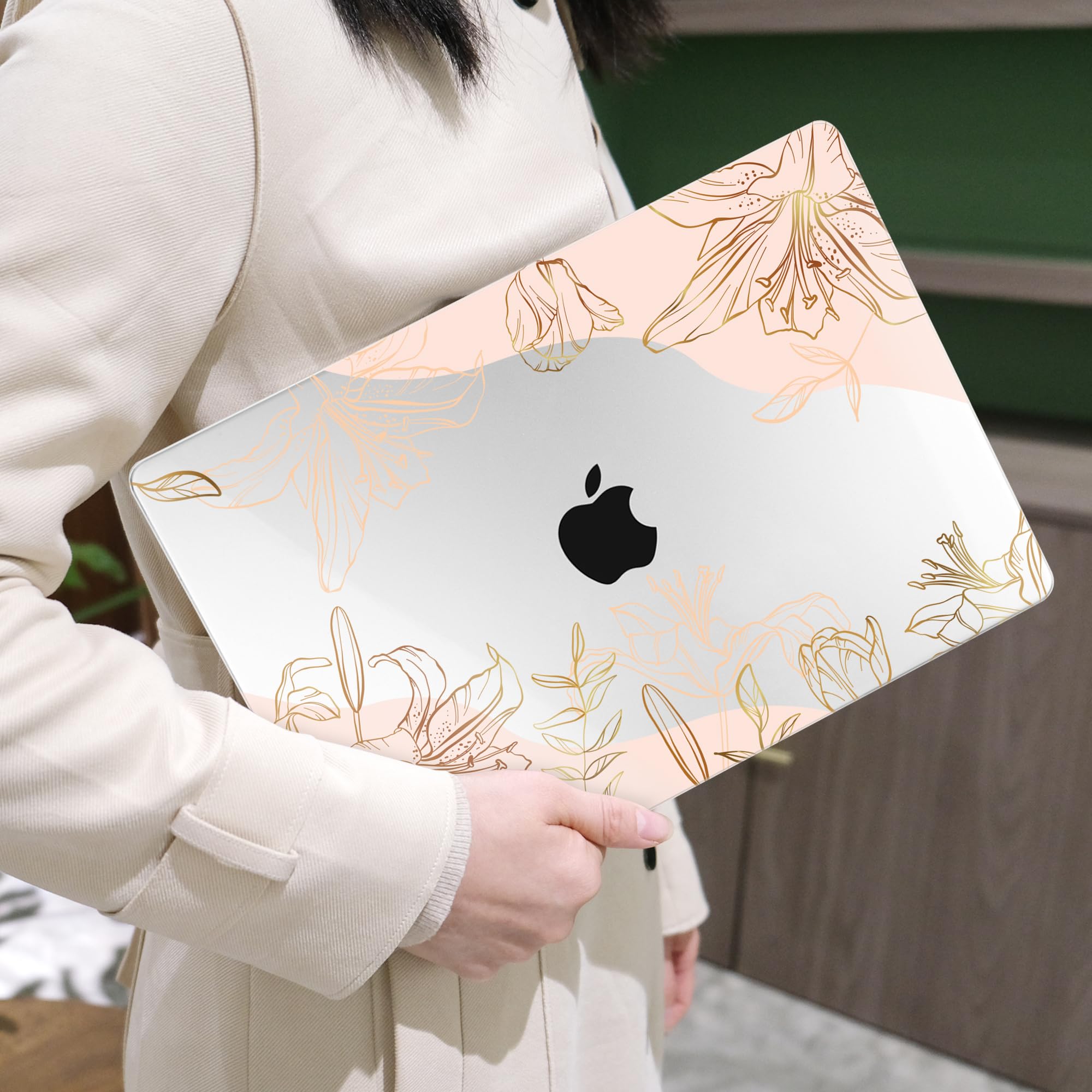 MEEgoodo for M5/M4/M3/M2 MacBook Air 15 inch Case 2026 2025 2024 2023, Case Fit Model (A3448/A3241/A3114/A2941) for MacBook Air 15.3 inch, Gold Flowers Lilies