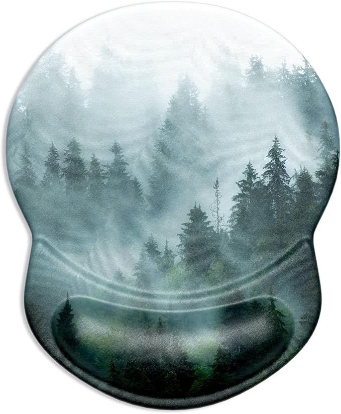 ITNRSIIET Ergonomic Mouse Pad with Gel Wrist Support Small Wrist Rest Smooth Surface Non-Slip PU Base Comfortable Office Supplies Pain Relief, 8.7 x 7.2 inches, Fog Forest