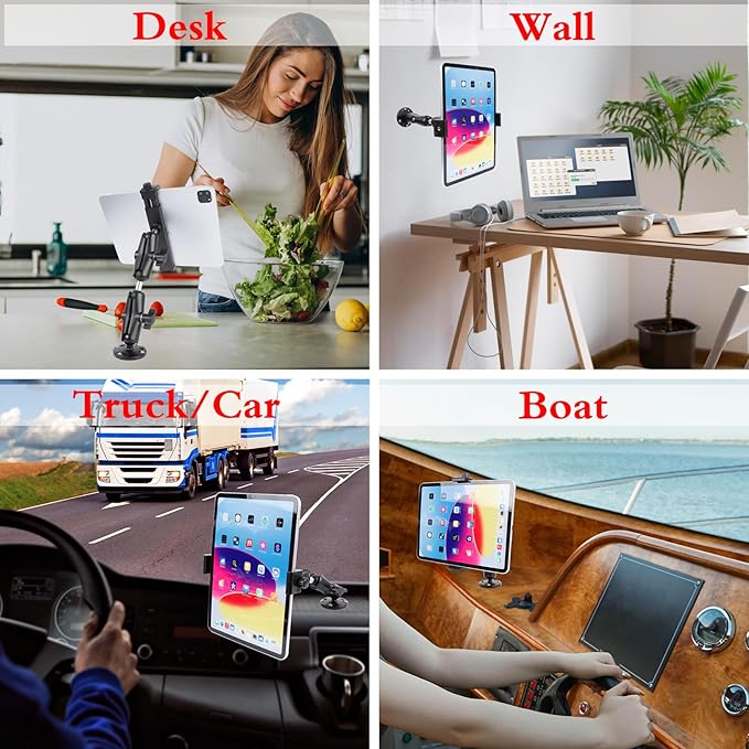 Aluminum Heavy Duty Drill Base Car Tablet Mount for 6.5"-12.9" Tablets/iPad Pro/Mini/Samsung Tab/Surface, 360° Adjustable 2-Stage Tablet Holder for Truck, Business Vehicle, Desktop, Wall, etc.