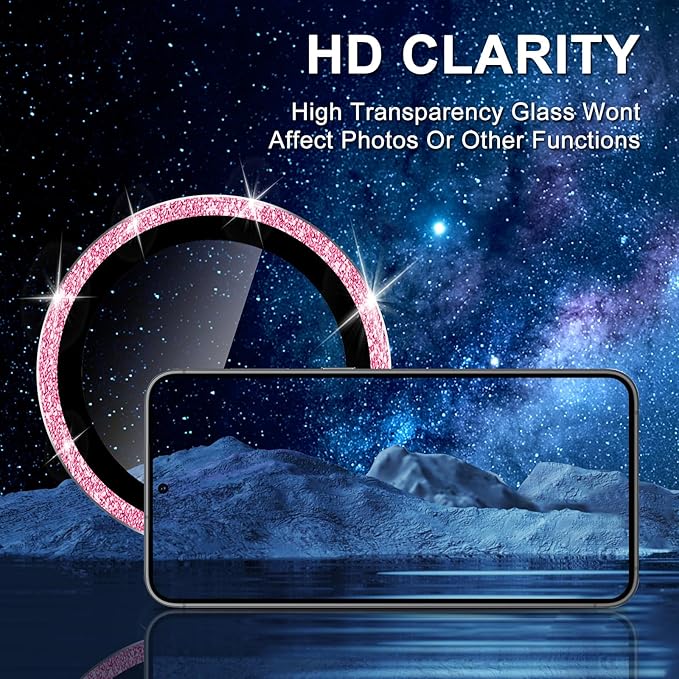 for Samsung Galaxy S25 Edge Camera Lens Protector, Individual Metal Ring Tempered Glass Lens Cover, [Strong Adsorption] Scratch Resistant Ultra-Thin HD Clear Lens Cover, 1 Set-Pink Sparkly