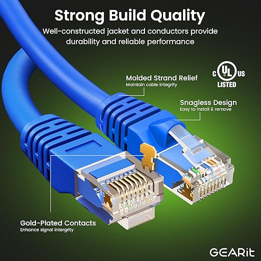 GEARit Cat 6 Ethernet Cable Pack - 50-Pack 3 ft Cat6 Ethernet Patch Cables | RJ45 Network Patch Cable, 10 Gbps Snagless Gold-Plated Connectors - Ethernet Cable Cat 6 for PC, TV, Router - Blue