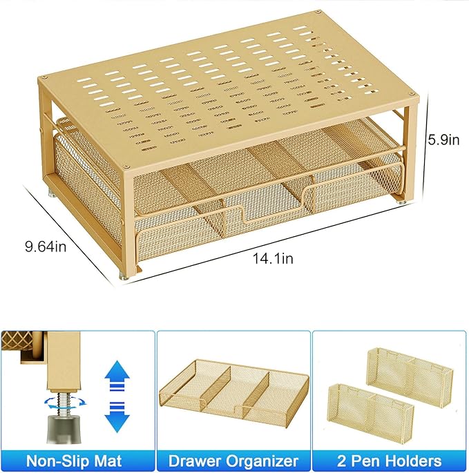 gianotter Desk Organizers and Accessories, Monitor Stand with Drawer and 2 Pen Holder, Desktop Organizer Suitable for Offices and Dormitories (Gold)