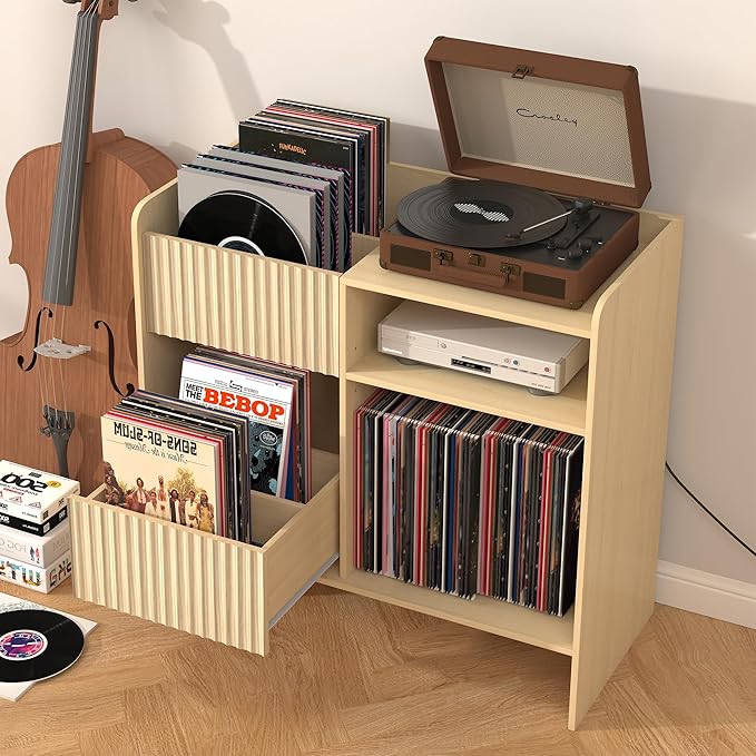 Record Player Stand with Vinyl Storage - Mid Century Modern Turntable Stand with Adjustable Shelves & Cable Hole, Record Player Table with 4 Cubes for Living Room, Bedroom, Oak