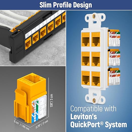 Everest 90° Angled RJ45 Cat6A Keystone Jacks 10-Pack in Yellow - Slim Profile Female RJ45 Connectors - Cat 6A Keystone Jack - Compatible with 90° Angled Speed Termination Tool - easyJACK (B094WB91H3)