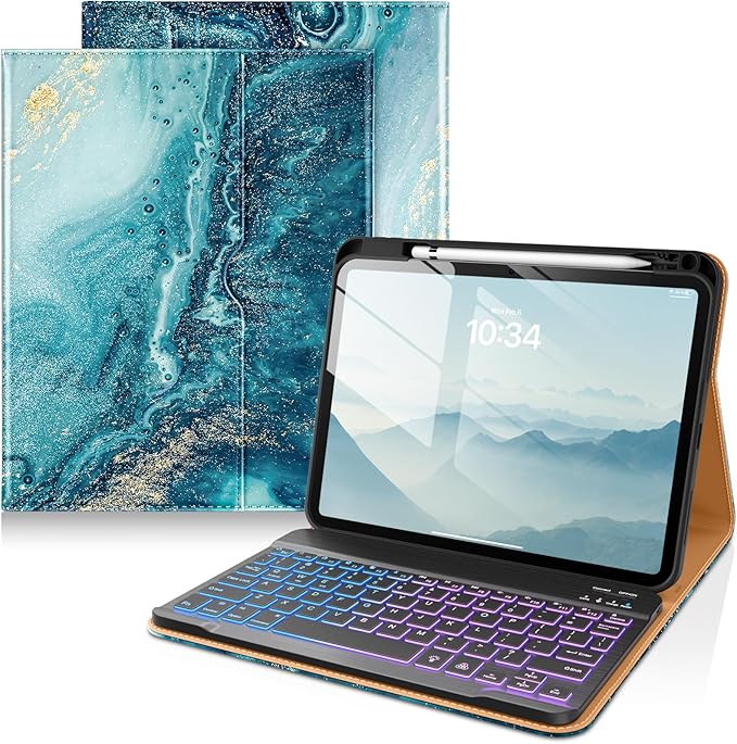 DTTO for iPad 11th (A16)/ 10th Generation Case with Keyboard (2025/2022), 7 Colors Backlit Wireless Detachable Keyboard Leather Folio Cover with Pencil Holder & Pocket, Sandy Wave