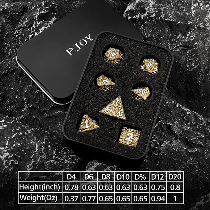 PJOY Metal D&D Dice Set for Dungeons and Dragons Dice with Case Meteorite Black Gold Glitters 7PCS 16mm Role Playing Cool DND Gifts for Players DM Board Game Masters
