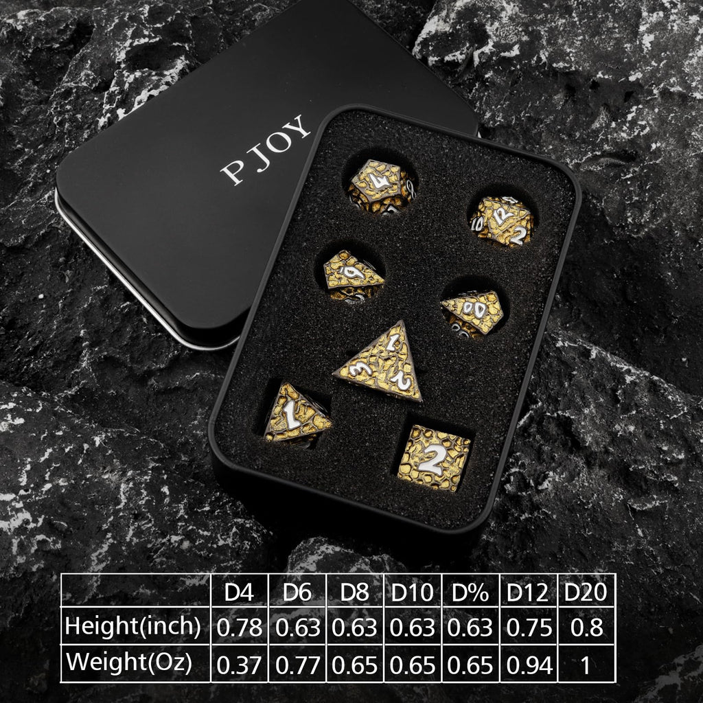 PJOY Metal D&D Dice Set for Dungeons and Dragons Dice with Case Meteorite Black Gold Glitters 7PCS 16mm Role Playing Cool DND Gifts for Players DM Board Game Masters
