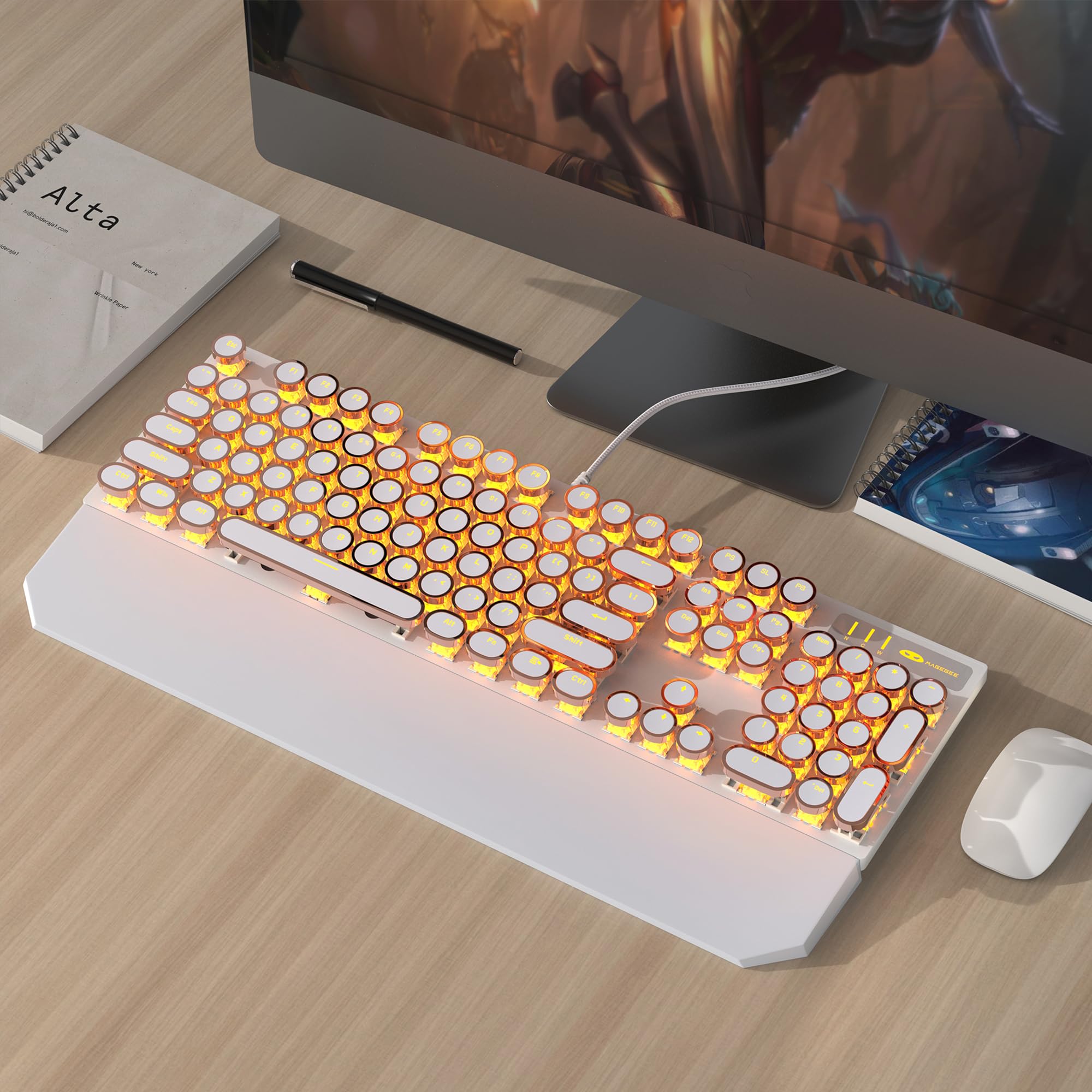 MageGee Typewriter Mechanical Gaming Keyboard, Retro Gold Punk Round Keycaps LED Backlit Wired Keyboards for Laptop MAC PC Gamer, with Magnetic Wrist Rest - Blue Switch