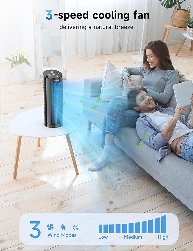 Grelife Tower Fan, Mechanical Controls, 3 Speed Settings, 90° Oscillation - 13 Inch, Quiet, Space-Saving, Bladeless Cooling, Portable Desk Fan for Bedroom, Home, Office
