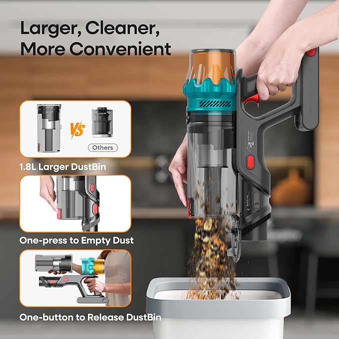 ElecKeys Cordless Vacuum Cleaner, 600W 50KPA 70Mins Self-Standing Vacuum Cleaners for Home, Stick Vacuum with Touch Screen, Anti-Tangled Vacuum Cordless for Pet Hair, Floors, Carpets, Gold