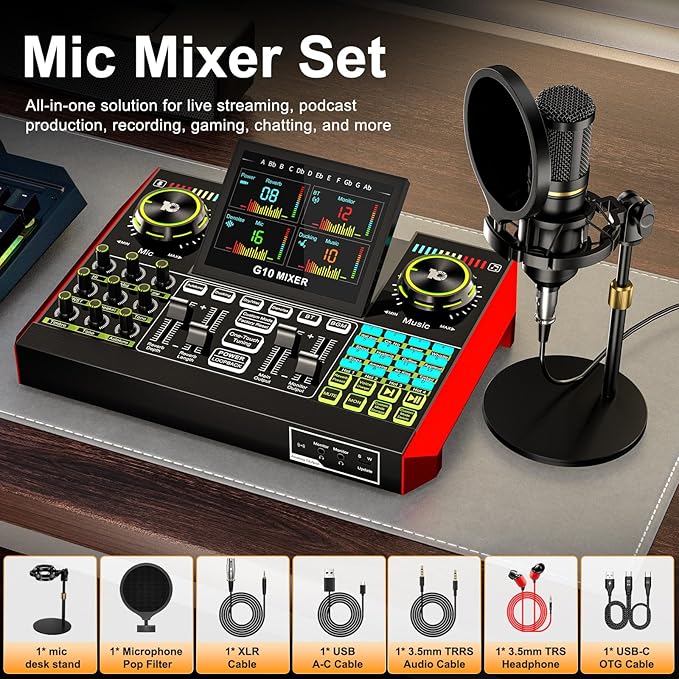 Podcast microphone bundle, live sound card, streaming audio mixer, podcast equipment bundle for PC/mobile live streaming, singing, gaming, soundboard with voice changer and noise reduction function