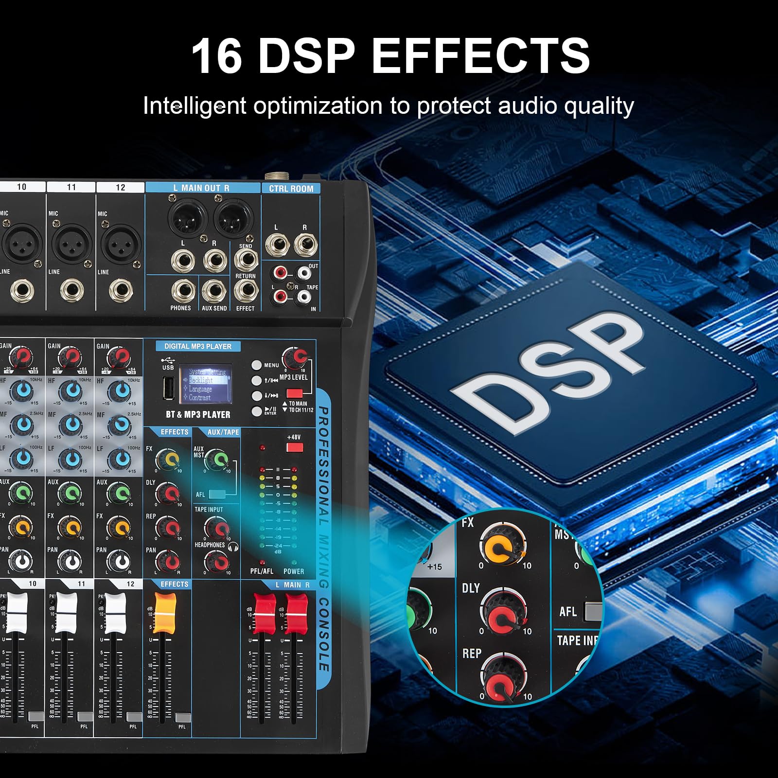 SIKUING 12 Channel Audio Interfacer Sound Board Mixer DJ Mixer 16-Bit DSP Effect USB Audio Mixer +48V Phantom Power Bluetooth Mixer for Karaoke Studio Streaming Recording,Live Streaming