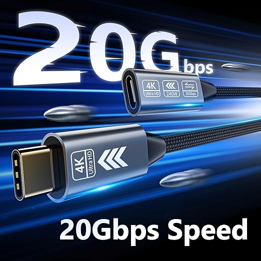 USB C Extension Cable 6.6FT, 20Gbps/240W USB3.2 Type C Extender Cord, 4K@60Hz Video Output Nylon Braided USB C Male to Female Extension Charging Cable Compatibility with Thunderbolt 4/3