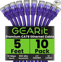 GearIT Cat 6 Ethernet Cable (10-Pack 5 Feet) Cat6 Network Patch, 10Gbps, RJ45, Snagless Cord, Gold-Plated Connectors, Internet for PC, TV, Tablet, Router, Printer, Servers, IT Data Center - Purple