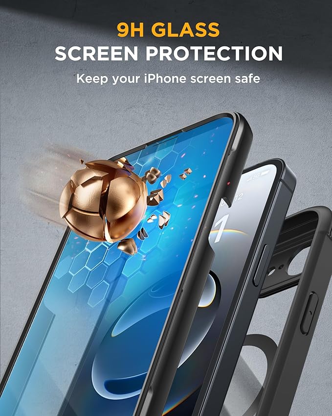Miracase Magnetic for iPhone 16e Case Full-Body Phone with Built-in Glass Screen Protector, [Compatible with MagSafe] Military Drop Proof 16 E Cover Bumper 6.1 inch, Black