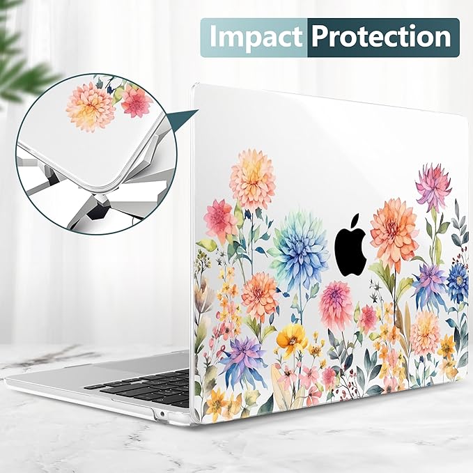 TWOLSKOO for M4 MacBook Air 13.6 inch Case 2025-2022 Release M4 A3240 M3 A3113 M2 A2681, Plastic Hard Shell & Screen Protector & Keyboard Cover & Trackpad Film, Beautiful Flowers