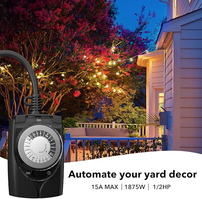 HBN Outdoor Timer Outlet Waterproof, 24 Hour Mechanical Light Timers for Electrical Outlets Outdoor Weatherproof, 2 Grounded Outlets for Christmas Lights, Pool Pump, 15A 1/2HP