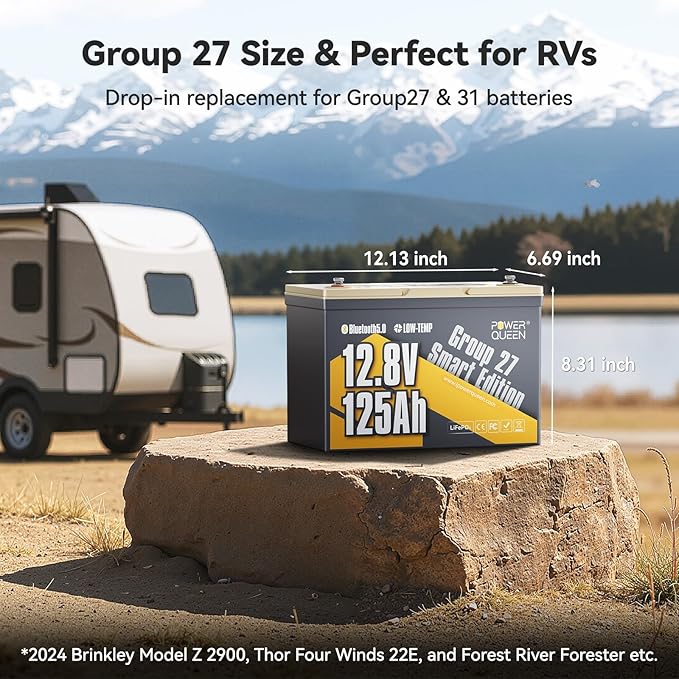 Power Queen 12.8V 125Ah Bluetooth LiFePO4 Battery, Group 27 Size &1600Wh Energy, Deep Cycle Lithium Battery with Low-Temp Cut Off, Perfect for RV, Marine, Off-grid, Solar System, Backup Power