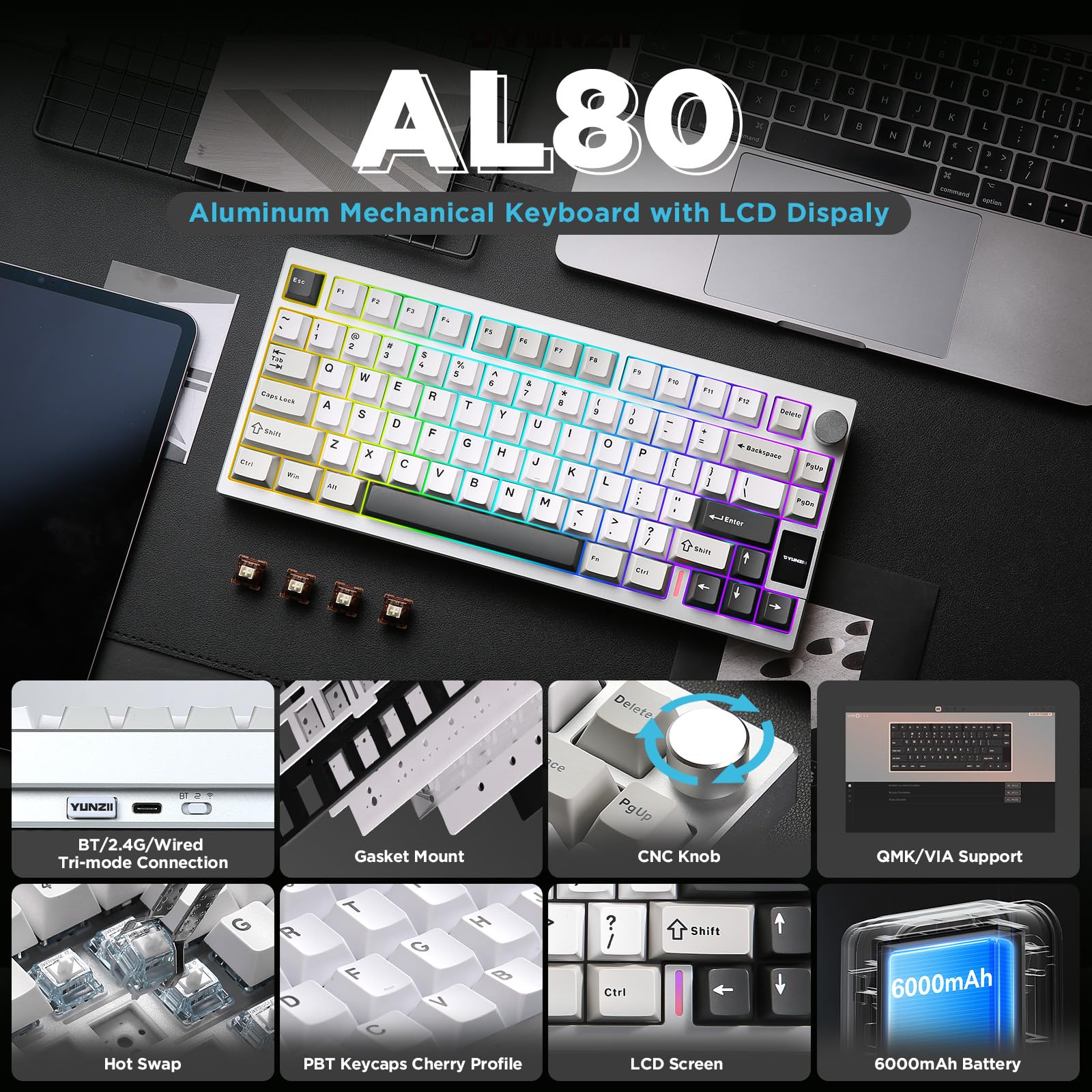 YUNZII AL80 75% Wireless Aluminum Mechanical Keyboard(Silver,Gateron Zero)