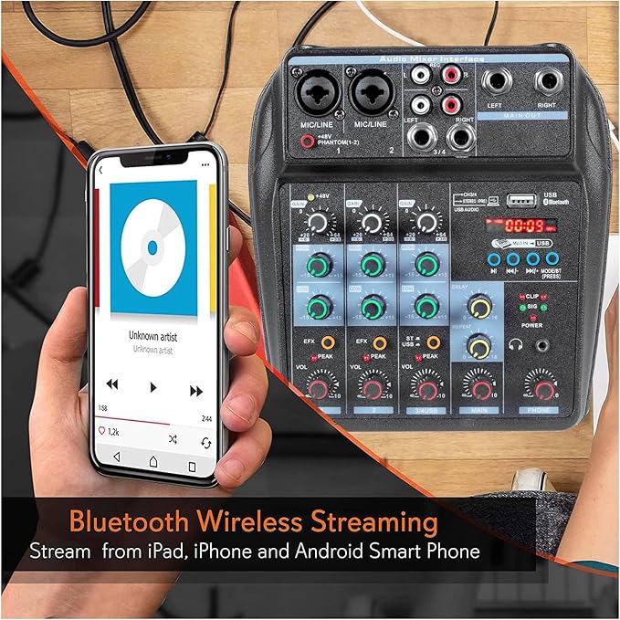 Dj Mixers 4 Channel Audio Mixer Sound Board with Bluetooth, Portable Usb Audio Interface with 48V Phantom Power Small Sounds Mixer Board with FX Delay Effect for Streaming