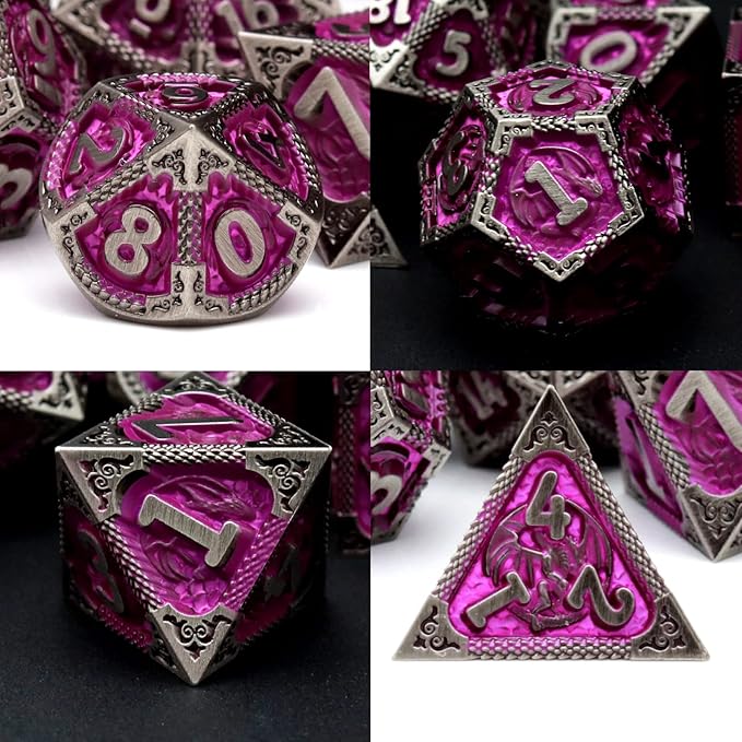 PJOY Metal DND Dice Set with Dice Case Antique Silver Purple Dragon D&D Polyhedral Dice for RPG Role Playing Games Compatible with Dungeons and Dragons TTRPG Gifts