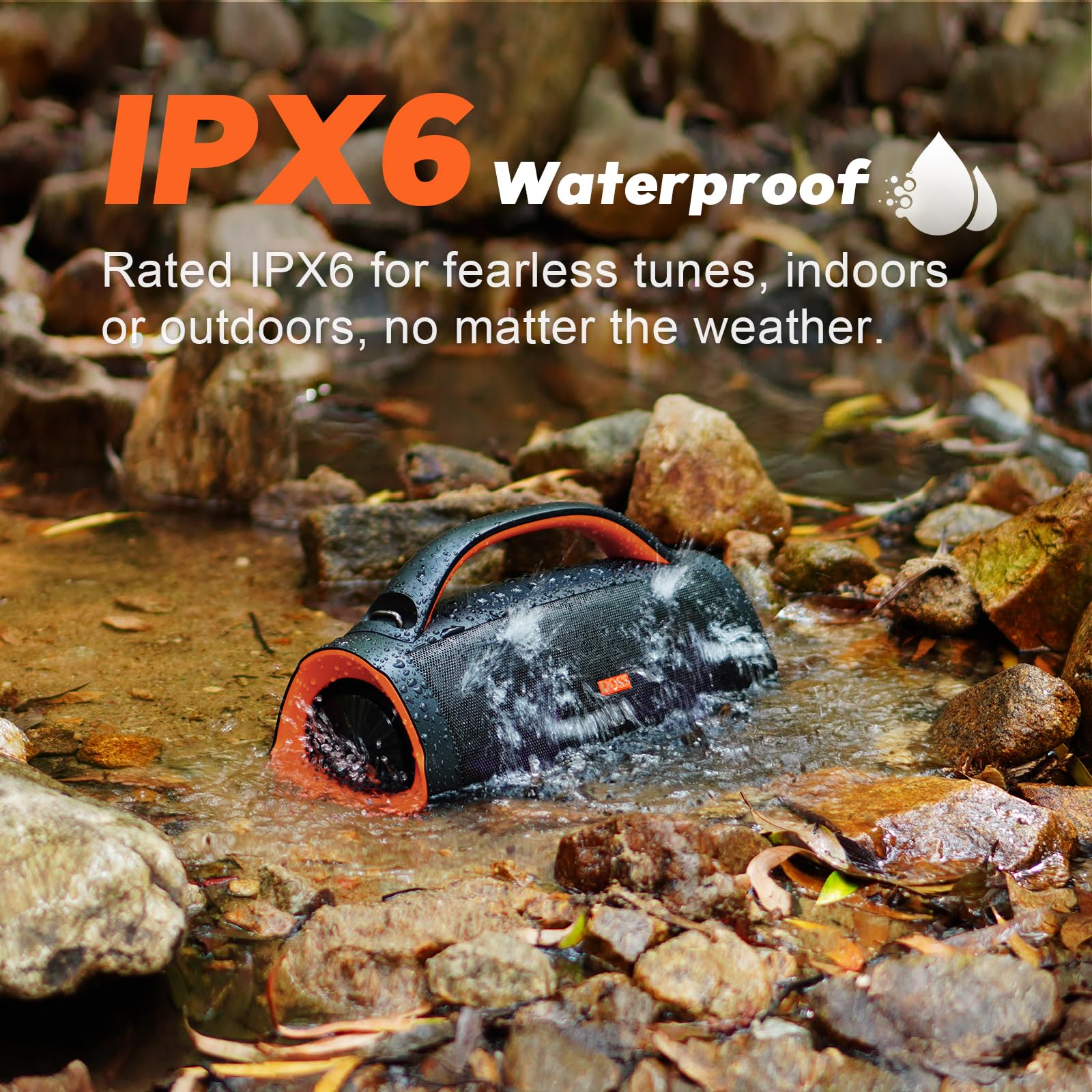 DOSS Extreme Boom Pro 100W Loud Outdoor Speaker, 2+2 Channel, IPX6 Waterproof, Bluetooth 5.3, 20H Playtime, Dynamic Lights, Portable Speaker for Camping, Beach, Pool, Working Outside - Orange