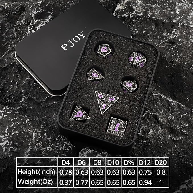 PJOY Metal Dice Set D&D for Dungeons and Dragons Dice with Case Meteorite Iron Purple 7PCS 16mm Role Playing Cool DND Gifts for Players DM Board Game Masters Wizards