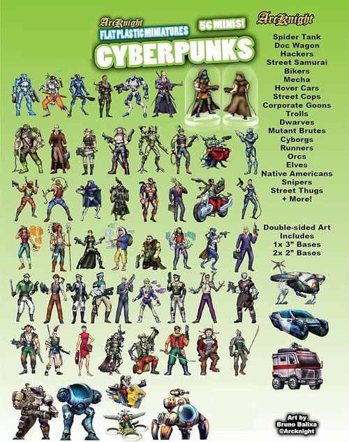 Arcknight Flat Plastic Miniatures: Cyberpunks; 56 Unique Sci-Fi-Themed Minis for Starfinder; Affordable, Skinny Figurines for SF, Shadowrun, and Other Tabletop RPG Games