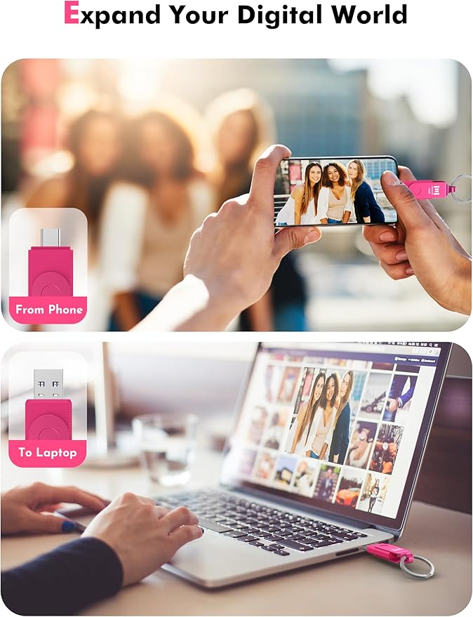 MOSDART 256GB USB3.1 Fast Speed C and A Dual Flash Drive, exFAT Memory Stick with Keychain and LED Indicator, for iPhone 15 and 16, Android Phone, iPad, MacBook, and Other Laptops, Hot Pink