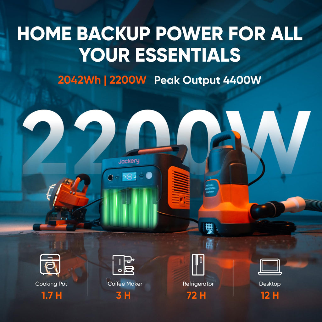 Jackery Explorer 2000 v2 Portable Power Station with Car Charging Cable, 2042Wh LiFePO4 Battery, 2200W Solar Generator, USB-C PD 100W Fast Charging for Camping, Home Use(Solar Panel Optional)