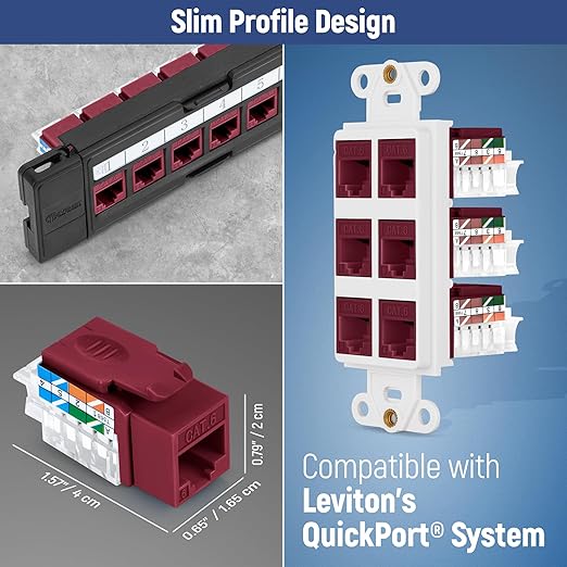 Everest 45° Angled RJ45 Cat6 Keystone Jacks 50-Pack in Red - Slim Profile Female RJ45 Connectors - Cat 6 Keystone Jack - Compatible with 45° Angled Speed Termination Tool - 45Term (B0BL3GS7ZY)
