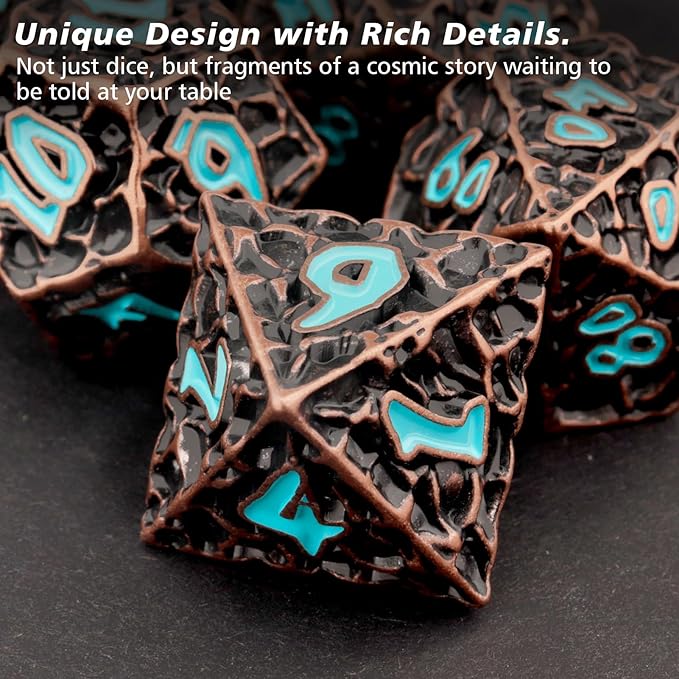 PJOY Metal D&D Dice Set for Dungeons and Dragons Dice with Case Meteorite Copper Blue Numbers 16mm 7PCS Role Playing Cool Dice DND Gifts for Players DM Game Masters