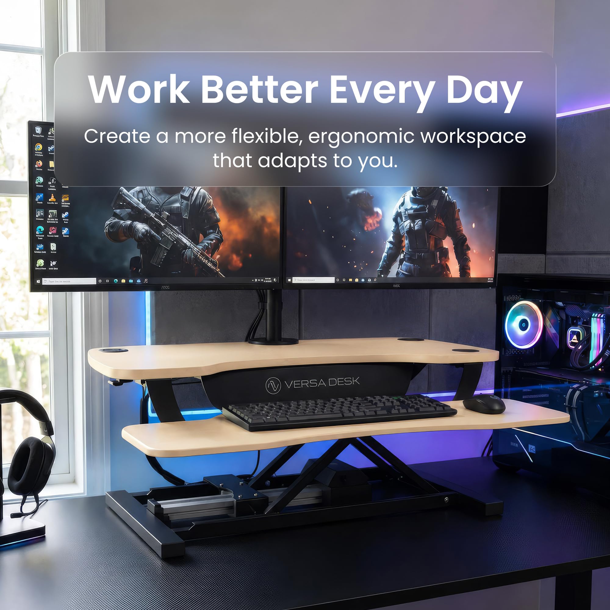 VERSADESK PowerPro 40 Inch Electric Standing Desk Converter – Push-Button Height Adjustable Sit to Stand Desk Riser for Triple Monitors & Laptop – Motorized Desktop Workstation with Wide Keyboard Tray