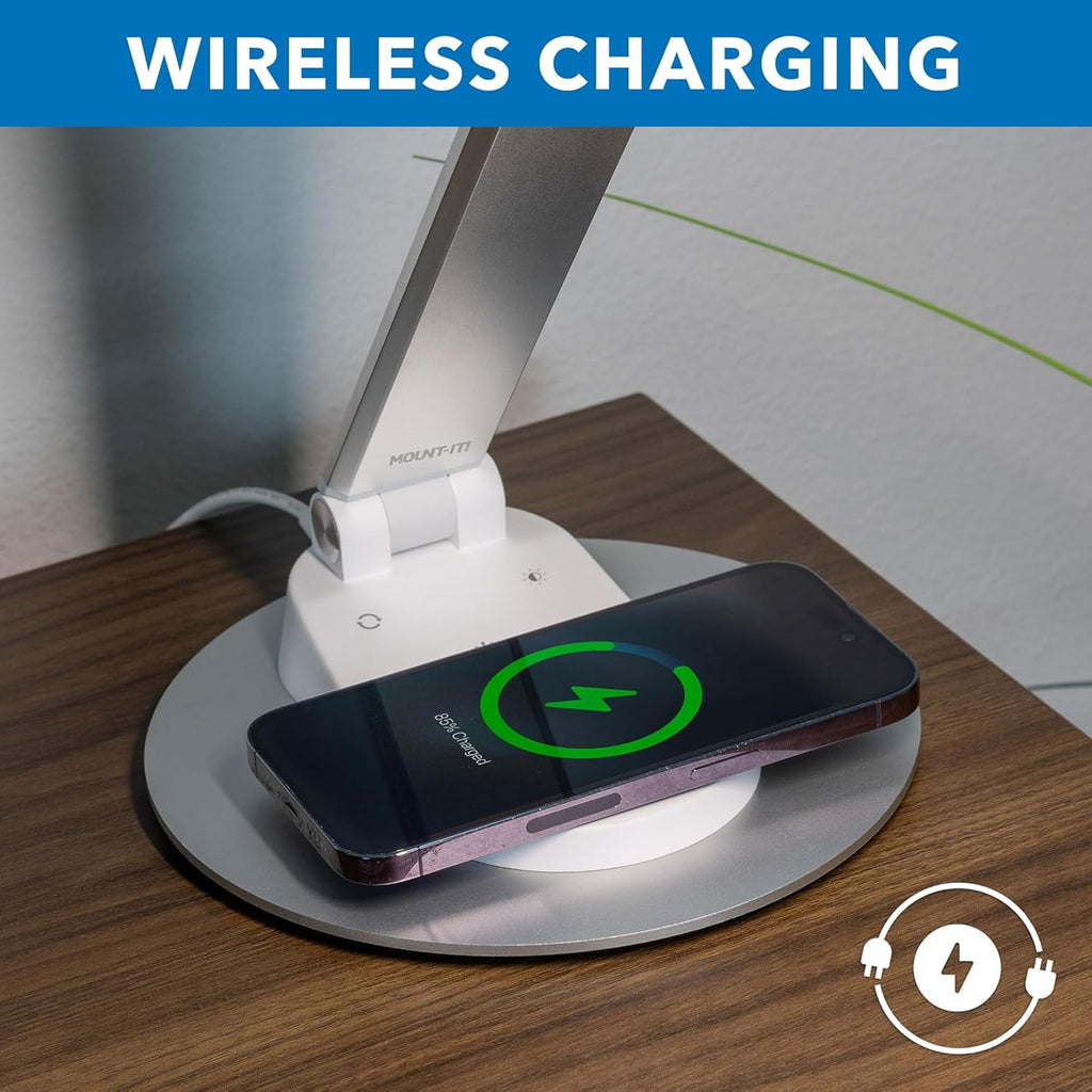 Mount-It! LED Desk Lamp with Wireless Charger and USB-C Charging Port, Dimmable Desk Lamp with 25 Brightness and Color Modes, for Home or Office, Adjustable Arm, Silver/White