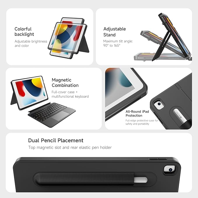 HOU iPad 9th Generation Case with Keyboard(8th/7th gen),iPad Air 3 & Pro 10.5" 360° Rotatable&Detachable Combo,Ultra-Silent Keys,7-Color Backlit,50H Battery,Lightweight Cover,Portrait/Landscape,Black