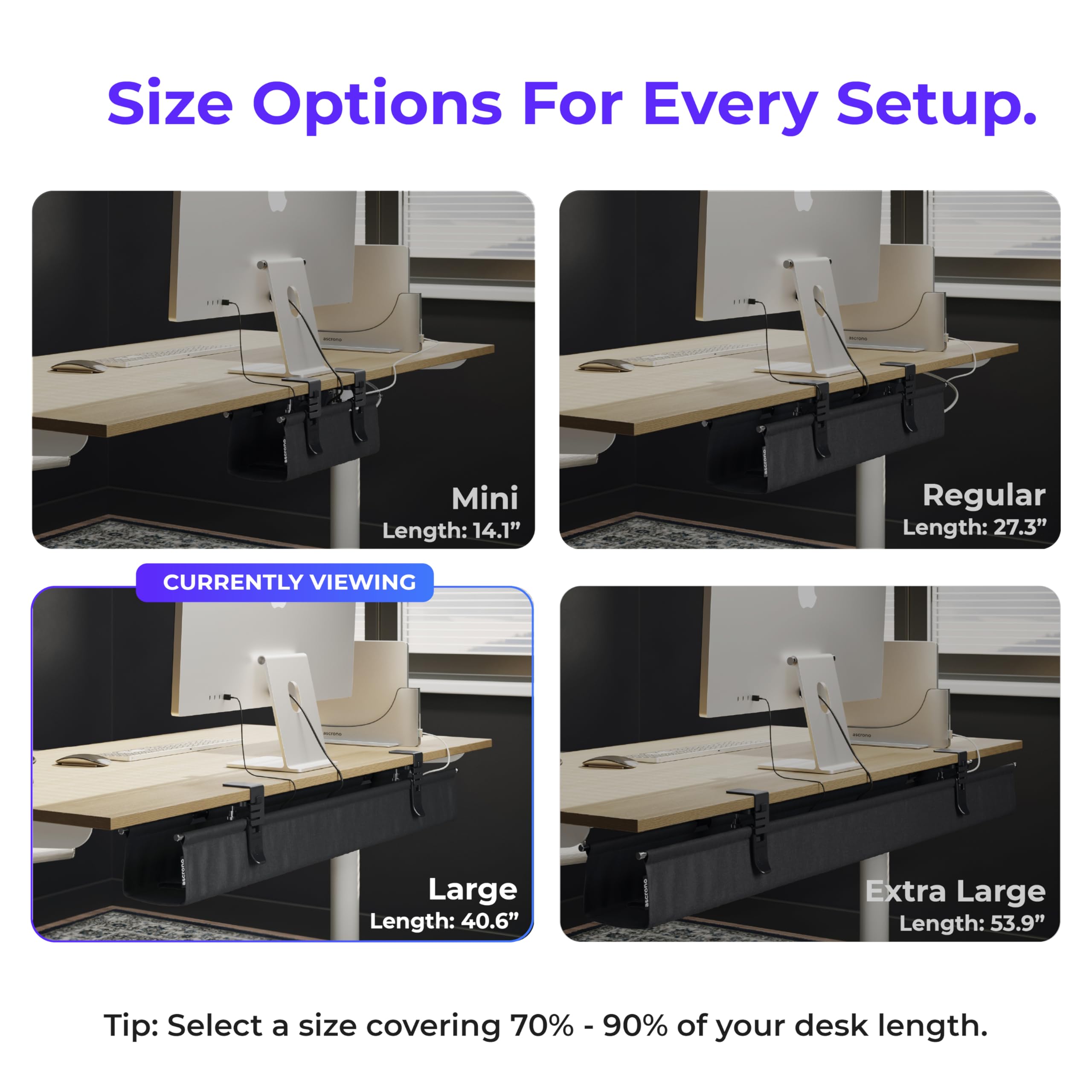 Ascrono Original No Drill Under Desk Cable Management Tray 40.6" - Premium Black Fabric Cable Management Under Desk - Clamp/Screw Mount Cord Organizer - Supports Upto 66lbs - Large