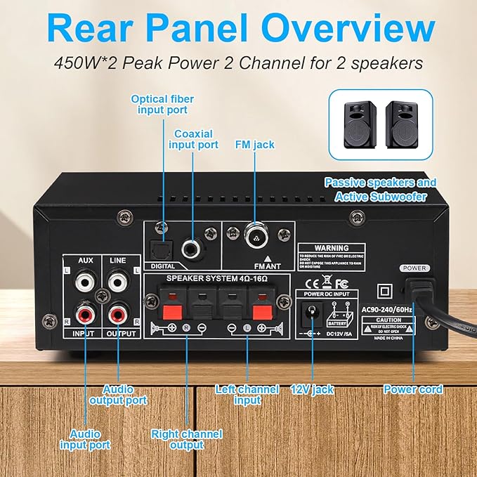 Romica Stereo Audio Amplifier, 2 Channel 450W x2 Bluetooth 5.0 Home Theater Power Amplifier with FM Radio, USB, SD, Optical & Coaxial Inputs, Amplifier for Passive Speakers and Active subwoofer