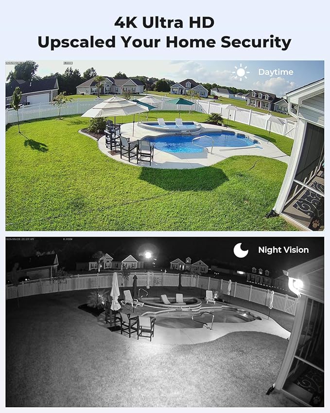 H.VIEW 4K Security Camera System, 4pcs H.265 PoE Wired Turret Cameras with Person Detection, 4K/8MP 8CH NVR with 3TB HDD for 24-7 Recording,Trigger Color Night Vision, Email Alert, AI Human
