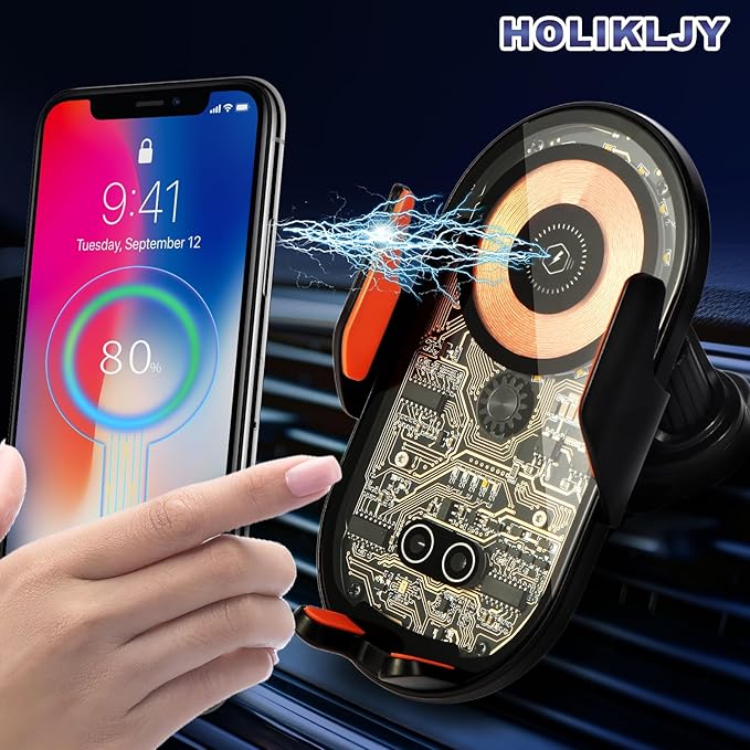 HOLIKLJY Car Phone Holder, Wireless Car Charger Air Vent Auto-Clamp Cell Phone Car Mount with Metal Hook Clip, 360° Rotation - One Button Release for iPhone, Samsung, Google, and All Other Smartphones