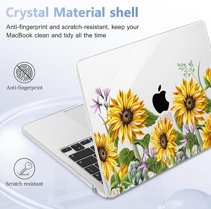 Case for MacBook Air 15 Inch 2025 2024 2023 Release M4 A3241 M3 A3114 M2 A2941, Hard Shell with Screen Protector & Keyboard Cover, Compatible with Touch ID, Sunflowers