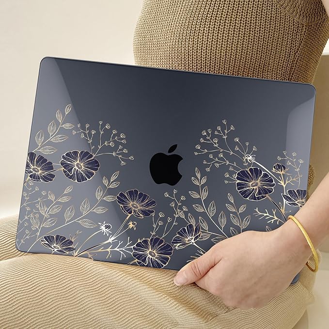 TWOLSKOO Compatible with M4 MacBook Air 13.6 inch Case 2025-2022 Release M4 A3240 M3 A3113 M2 A2681, Plastic Hard Shell & Keyboard Cover & Type C Adapter & Screen Protector, Golden Flowers
