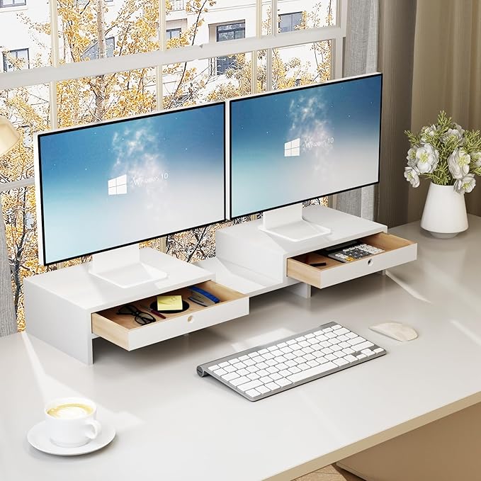 LAPTAIN Monitor Stand with 2 Drawers, Dual Monitor Stand Riser with Adjustable Length and Angle, Desktop Organizer Stand for Laptop/PC/Computer, No Assembly Required, Solid Wood