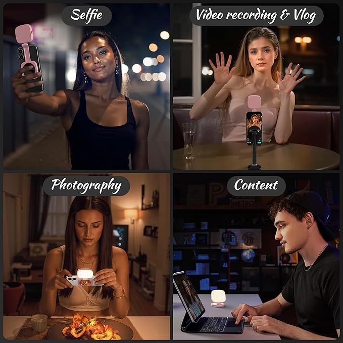 Magnetic Selfie Light for Phone: 5 Led Mode with Mirror Compatible for iPhone & Android - Rechargeable Portable Fill Light for Photography/Video Recording/Conference/Vlog/Makeup (Pink)